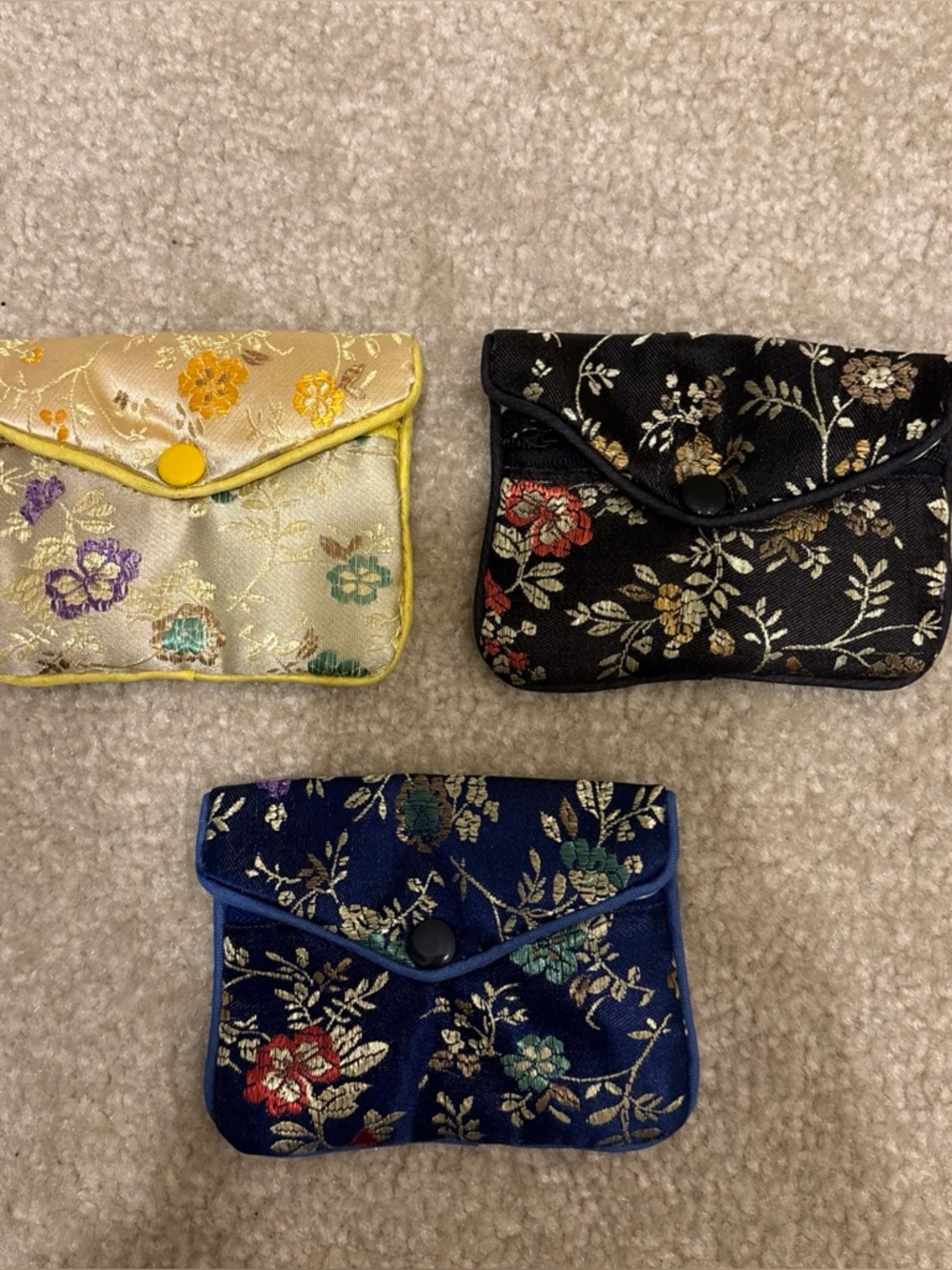 Asian Chinese Blue Black Gold Mini Pouch Bag Lot of 3 Floral Pattern Zip Button